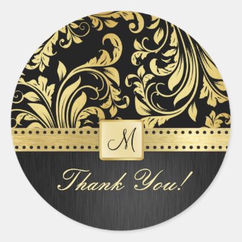 Elegant Black And Gold Foloral Damask Thank You! Classic Round Sticker by weddingsNthings at Zazzle