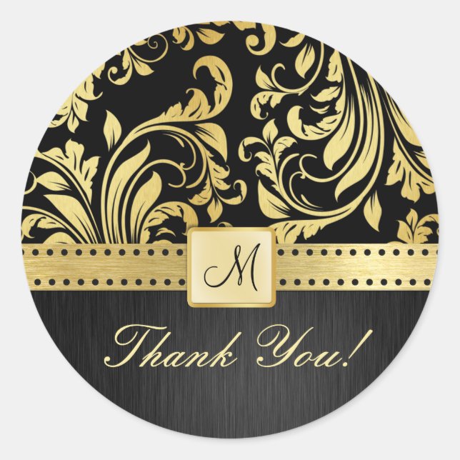 Elegant Black and Gold Foloral Damask Thank You! Classic Round Sticker (Front)