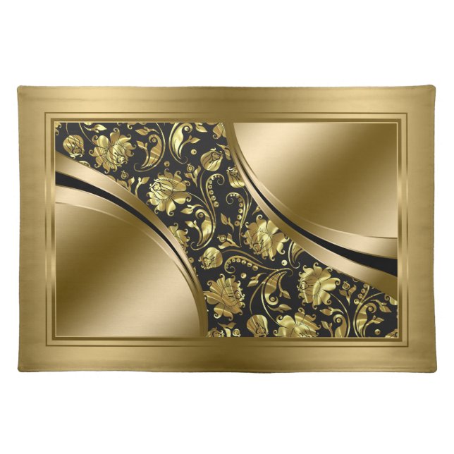 Elegant Black And Gold Frame And Damasks Pattern Cloth Placemat (Front)