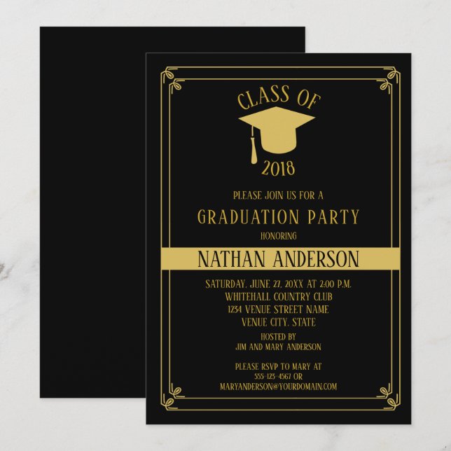 Elegant Black and Gold Frame Graduation Party | Invitation (Front/Back)