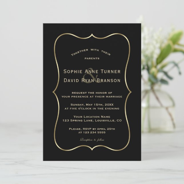 Elegant Black And Gold Frame Wedding  Invitation (Standing Front)