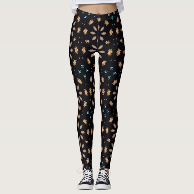Elegant Black and Gold Geometric Floral Pattern Leggings (Front)