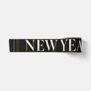 Elegant Black and Gold Geometric Happy New Year Satin Ribbon