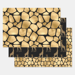 Elegant Black and Gold Giraffes Wrapping Paper Sheets