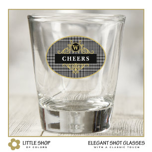 Elegant Black and Gold Glen Plaid Personalized Shot Glass