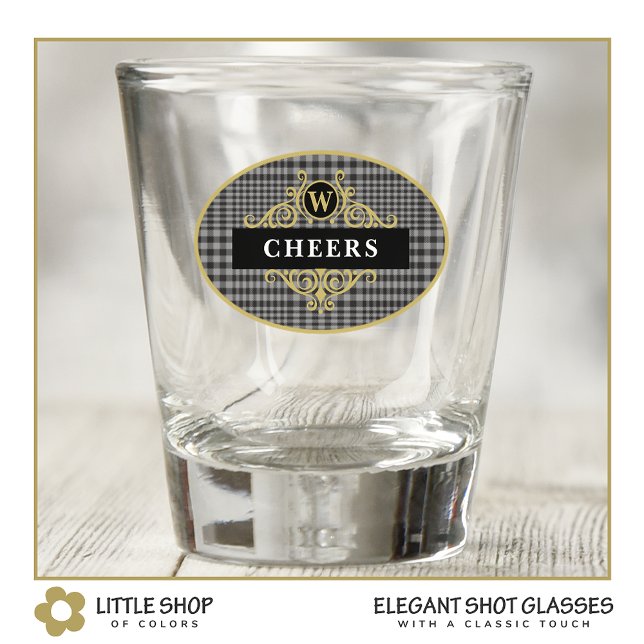 Elegant Black and Gold Glen Plaid Personalized Shot Glass (Creator Uploaded)