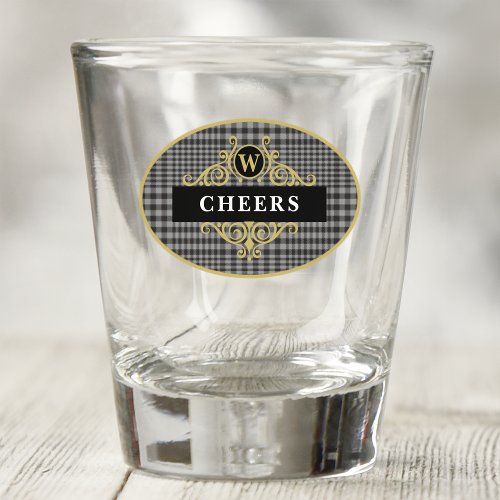 Elegant Black and Gold Glen Plaid Personalized Shot Glass