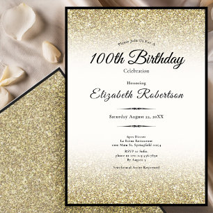 Elegant Black and Gold Glitter 100th Birthday Invitation