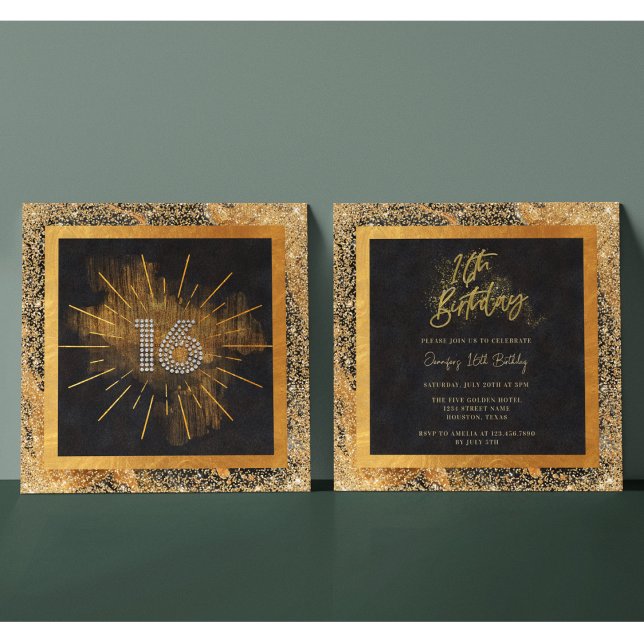 Elegant Black and Gold Glitter 16th Birthday Party Invitation (Creator Uploaded)