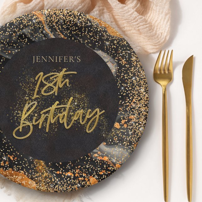 Elegant Black and Gold Glitter 18th Birthday Party Paper Plates (Creator Uploaded)