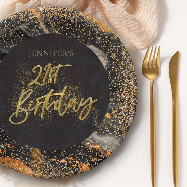 Elegant Black and Gold Glitter 21st Birthday Party Paper Plates (Creator Uploaded)