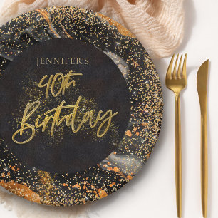 Elegant Black and Gold Glitter 40th Birthday Party Paper Plates