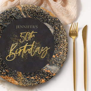 Elegant Black and Gold Glitter 50th Birthday Party Paper Plates