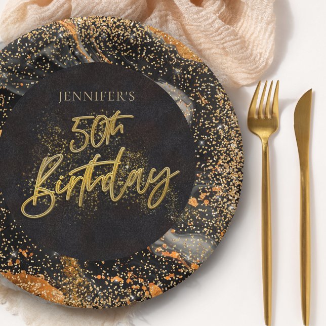 Elegant Black and Gold Glitter 50th Birthday Party Paper Plates (Creator Uploaded)