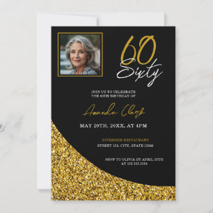 Elegant Black and Gold Glitter 60th Birthday Invitation