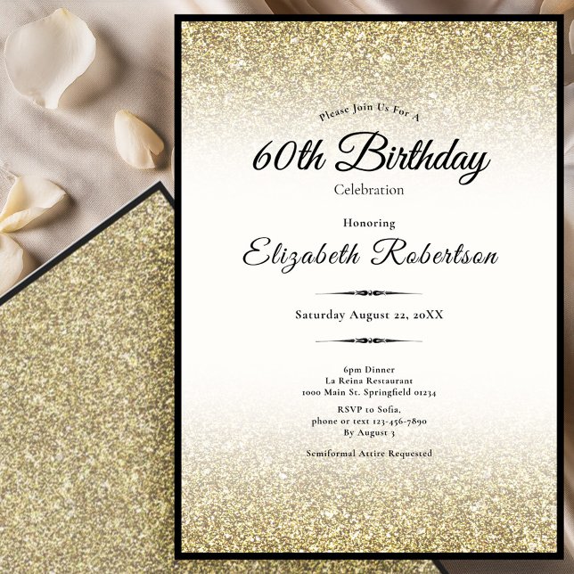 Elegant Black and Gold Glitter 60th Birthday  Invitation (Creator Uploaded)