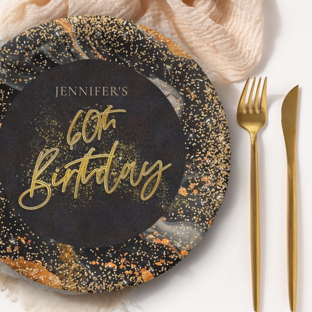 Elegant Black and Gold Glitter 60th Birthday Party Paper Plates (Creator Uploaded)