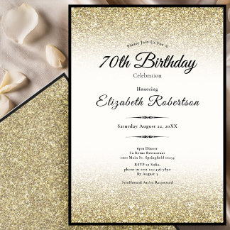 Elegant Black and Gold Glitter 70th Birthday Invitation