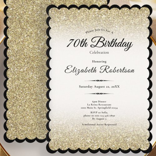 Elegant Black and Gold Glitter 70th Birthday  Invitation