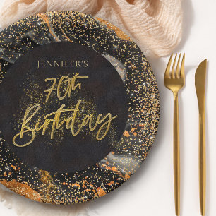 Elegant Black and Gold Glitter 70th Birthday Party Paper Plates