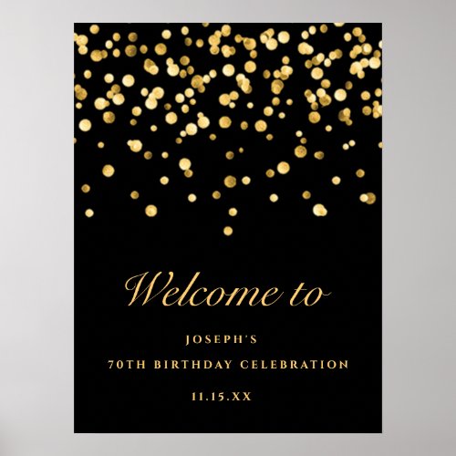 Elegant Black And Gold Glitter 70th Birthday Party Poster