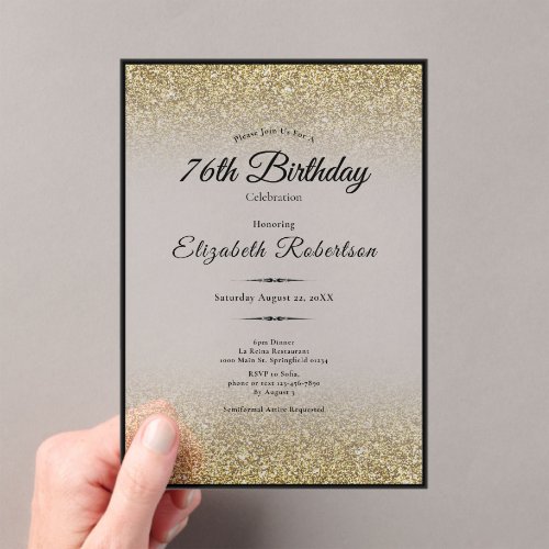 Elegant Black and Gold Glitter 76th Birthday Acrylic Invitations