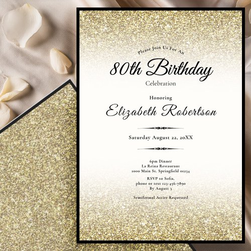 Elegant Black and Gold Glitter 80th Birthday 