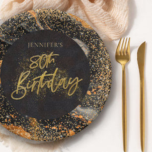 Elegant Black and Gold Glitter 80th Birthday Party Paper Plates