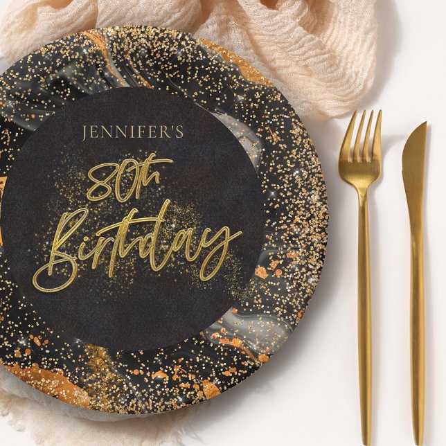 Elegant Black and Gold Glitter 80th Birthday Party Paper Plates (Creator Uploaded)