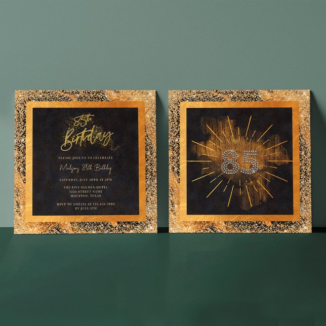 Elegant Black and Gold Glitter 85th Birthday Party Invitation (Front / Back)