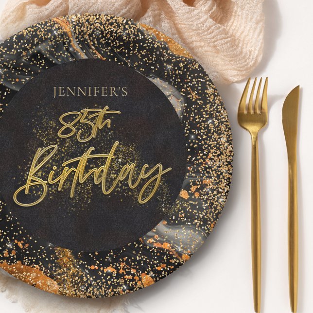 Elegant Black and Gold Glitter 85th Birthday Party Paper Plates (Creator Uploaded)