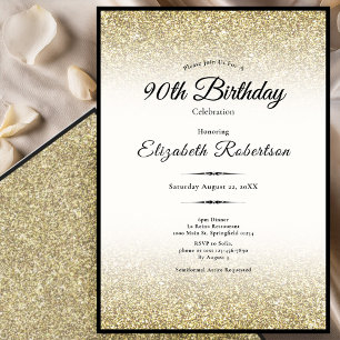 Elegant Black and Gold Glitter 90th Birthday Invitation