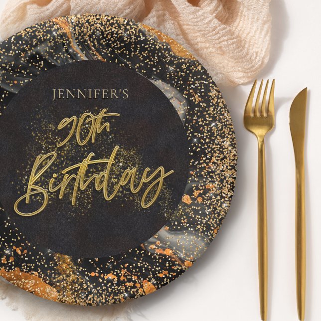 Elegant Black and Gold Glitter 90th Birthday Party Paper Plates (Creator Uploaded)