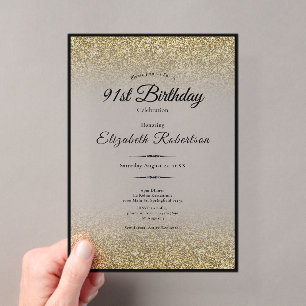 Elegant Black and Gold Glitter 91st Birthday Acrylic Invitations