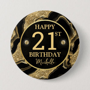 Elegant Black and Gold Glitter Agate Birthday Button