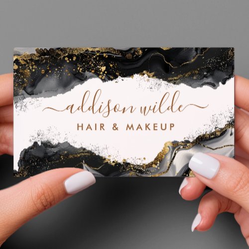 Elegant Black And Gold Glitter Agate Business Card