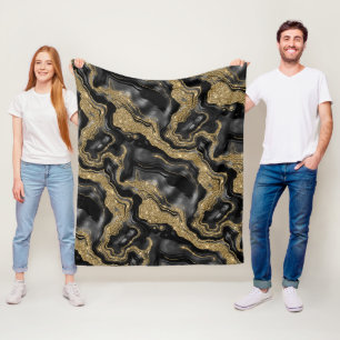 Elegant Black and Gold Glitter Agate Pattern Fleece Blanket
