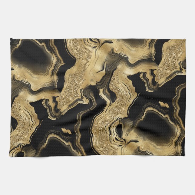 Elegant Black and Gold Glitter Agate Pattern Kitchen Towel (Horizontal)
