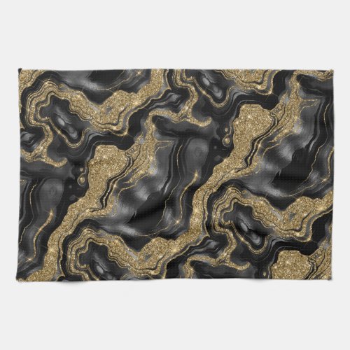 Elegant Black and Gold Glitter Agate Pattern Kitchen Towel