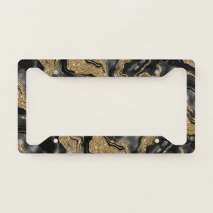 Elegant Black and Gold Glitter Agate Pattern License Plate Frame