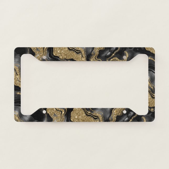 Elegant Black and Gold Glitter Agate Pattern License Plate Frame (Front)