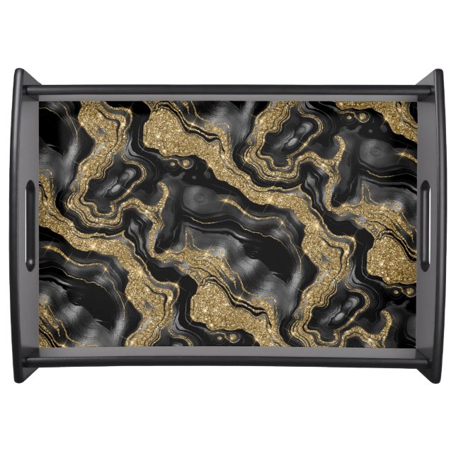 Elegant Black and Gold Glitter Agate Pattern Serving Tray (Front)