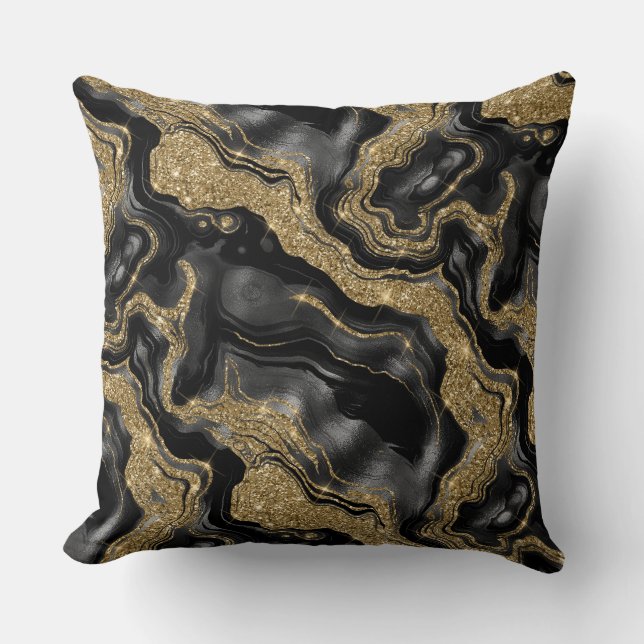 Elegant Black and Gold Glitter Agate Pattern Throw Pillow (Front)