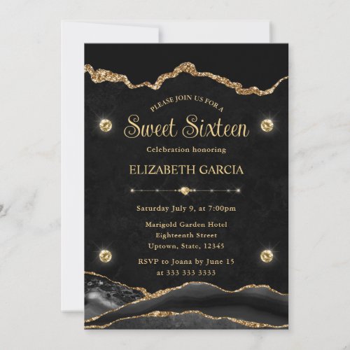 Elegant Black and Gold Glitter Agate Sweet Sixteen Invitation