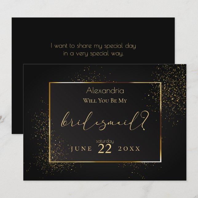 Elegant Black and Gold Glitter Be My Bridesmaid Invitation (Front/Back)
