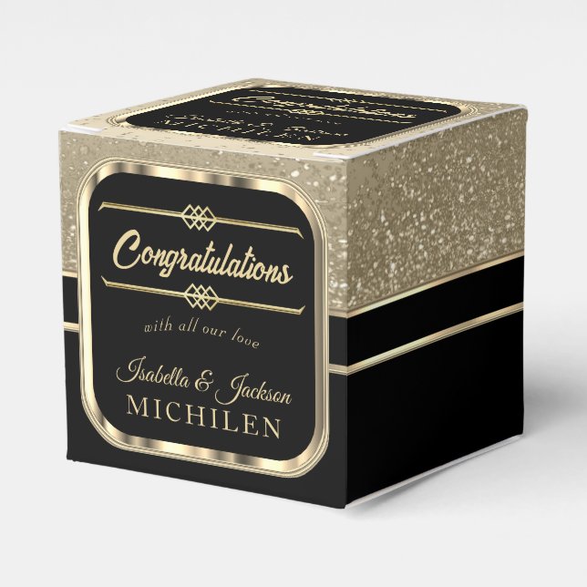 Elegant Black and Gold Glitter Favor Boxes (Front Side)