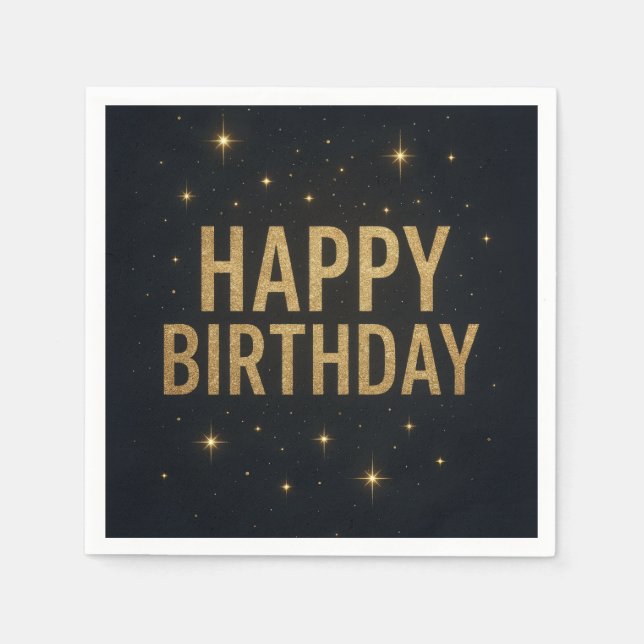 Elegant Black and Gold Glitter Happy Birthday Napkins (Front)