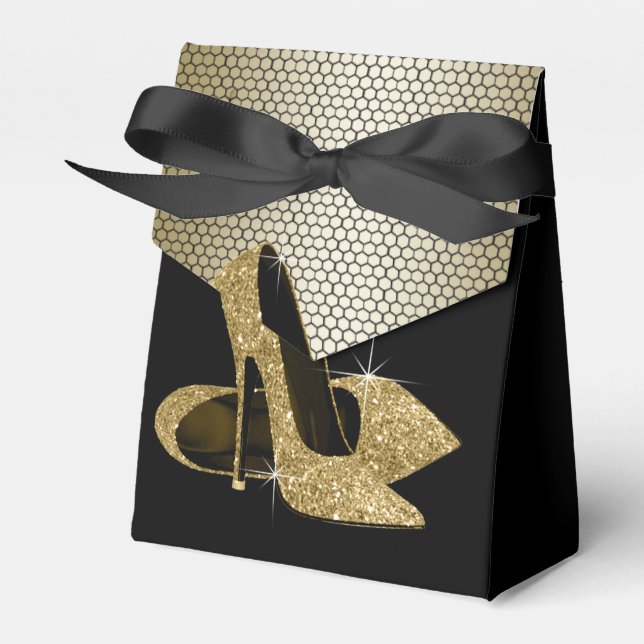 Elegant Black and Gold Glitter High Heel Shoe Favor Boxes (Front Side)