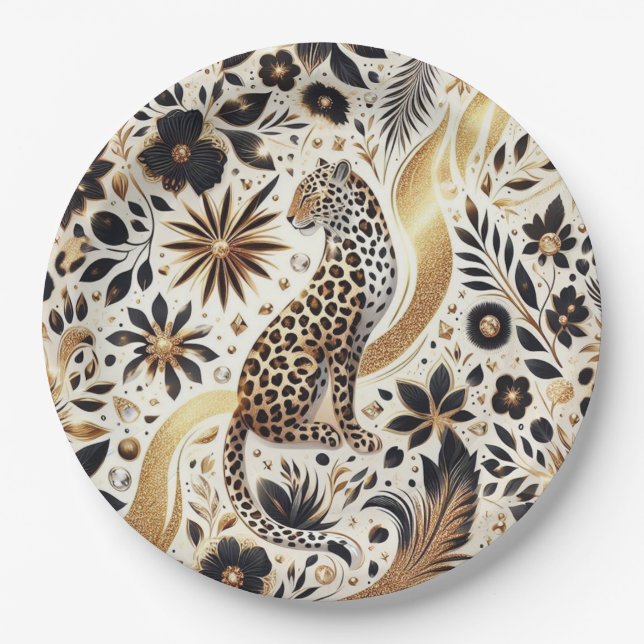 Elegant black and gold glitter Leopard  Paper Plates (Front)