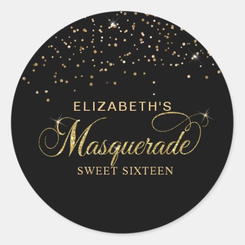 Elegant Black and Gold Glitter Masquerade Party Classic Round Sticker